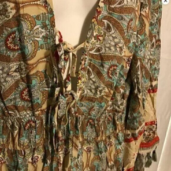 Bohemian Floral Print Woven Bell Sleeve Flounce Peasant Maxi  Hippie Dress L - Picture 8 of 14